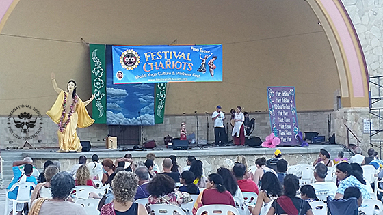 William Dove (Balabhadra das) speaking about cows and diet change at the Daytona Bandshell during the Ratha Yatra festival on Daytona Beach, Florida.